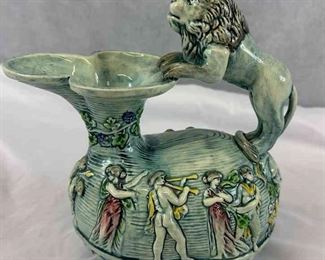 Antique Teplitz Czechoslovakia Pottery Ewer Pitcher Majolica Relief Greek Allegory Lion Handle