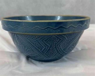 Blue Yellowware 8 Shoulder Mixing Bowl Flower Motifs