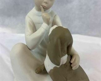 Llardo Short Haired Girl In Nightgown Quieting Dog Figurine