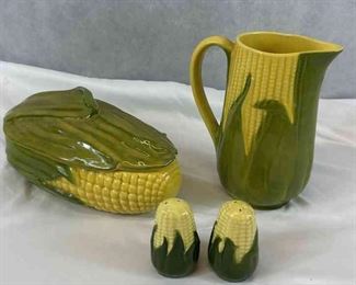 Vintage Shawnee Pottery Corn Pitcher Corn King Casserole Dish with Lid  Salt and Pepper Shakers