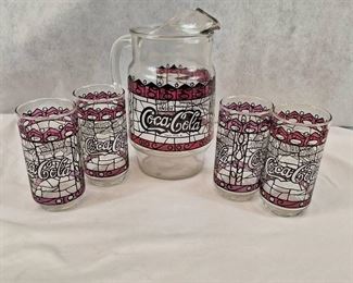 Vintage Stained Glass ColaCola Pitcher And Glasses