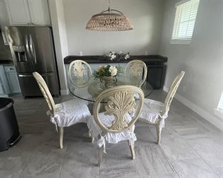 Heavy wood and glass dining or breakfast set.  Comes with SIX chairs.  Excellent 