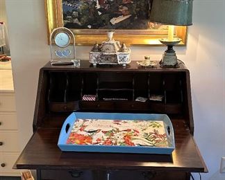 Vintage Drop-Front Desk, Hand Carved Wood Frame Open-Arm Chair, Tole Accent Lamp, Antique Inkwell with Silvered Accents