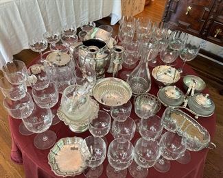 Baccarat Crystal Stemware in the “Montaigne” Optic Pattern; Silver Serve-ware 