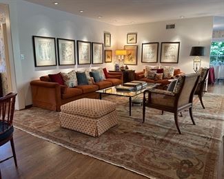 Framed Etchings and Engravings, Furniture, Lighting, and Accessories.  Large Vintage Area Rug