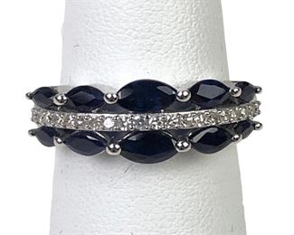 Luxoro 10K White Gold Diamond And Blue Sapphire Ring, Size 7-1/4