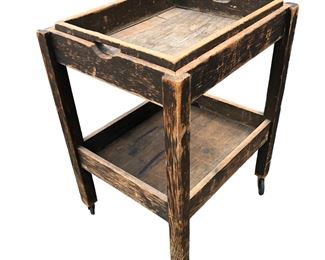 Rustic Wood Tea / Serving Trolley On Casters With Removable Top Tray
