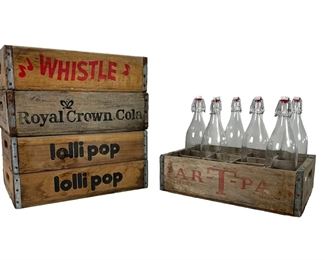 Collection Of Vintage Wood Soda & Candy Crates With 6 Bormioli Rocco Reusable Wine Bottles