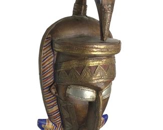 1960s Hand Carved Wood African Helmet Mask Embellished With Metal Detail