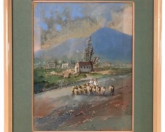 1903 Signed Shepherd Landscape Watercolor Painting