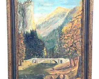 Framed Impressionist Mountain Landscape Oil On Board, Signed