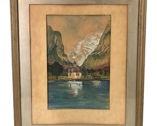 St. Bartholomew's Chapel Konigssee Lake, Germany Watercolor Painting 