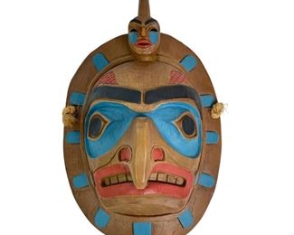 Signed J. Wolf Carved Wood Hawk Headpiece, British Columbia