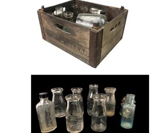 Vintage Dairy, Whiskey & Apothecary Bottles, Wood Milk Bottle Crate, Glass Insulator