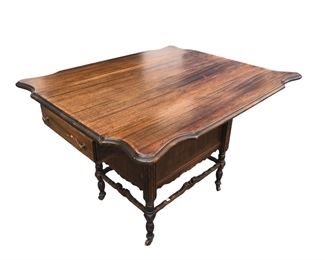 Mahogany Drop Leaf Table With 3 Drawers, Casters 