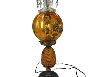Vintage Amber Glass Globe Table Lamp With Crystal Prisms, WORKS