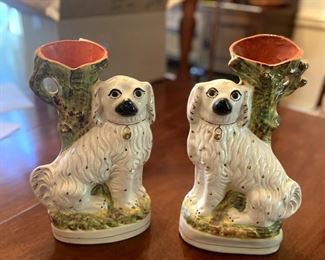 Pair of 19th Century Staffordshire White Spaniel Dogs with Green Spill Vases