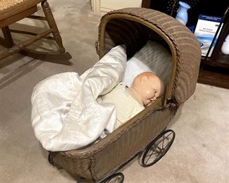 Porcelain Antique Doll and Stroller