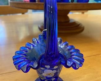 Fenton Magnolia Basket Cobalt Blue, hand painted