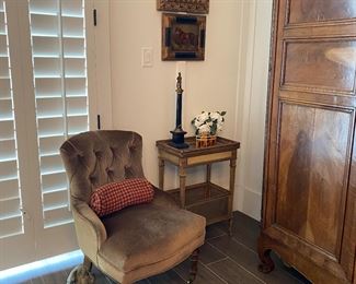 19th c painted and gilt side table from
Uptowner Antiques, 
English side chair in velvet