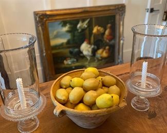 Many French confit bowls and vessels, lovely glass candelabra 