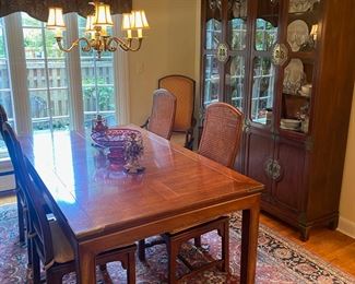 Henredon Asian Style Dining Room Set with Table, 2 Leaves, China Closet, and 6 Chairs