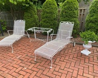 Pair of White Wrought Iron Chaises / Wrought Iron Table / Planter