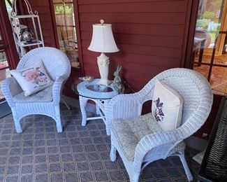 Pair of White Wicker Chairs / Wicker and Glass End Table / Lamp