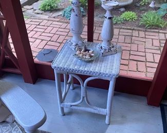 Wicker End Table / Wooden Candelabras