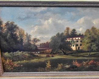 Antique Oil Landscape Painting Close Up
