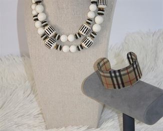 Chunky Black And White Vintage Necklace With Plaid Bangle Bracelet