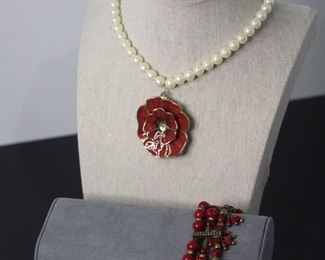 Rose Necklace With Red Beaded Bracelet