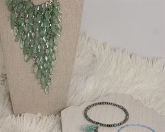 Unique Silver Toned Light Green Beaded Dangling Costume Jewelry And Bracelets