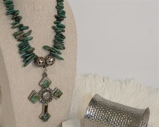 Unique Turquoise Country Style Cross Necklace With Bangle Bracelet