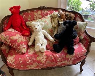 Recently reupholstered settee/Moe bears and Steiff bears