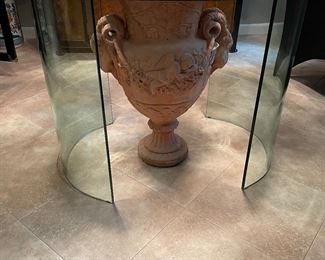 Gorgeous glass table with red cement, Jardinair centerpiece 