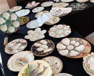 Large collection of Antique Oyster Plates Limoges, Mojolica, French faience and more…