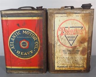 Atlantic Motor Oil, Atlantic Refining Co, 5 Gallon Oil Can, And Polarine Motor Oil, Standard Oil Co, 5 Gallon Oil Can