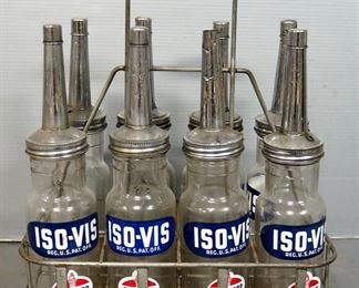 Standard Oil Company Glass Oil Bottles With Spouts, Qty 8, In Wire Carrier
