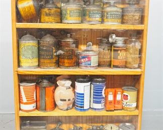 Standard Oil And Phillips 66 Lubricant Cans And Banks, In Display Cabinet