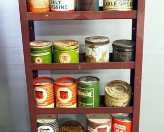 Motor Oil And Grease Cans, Includes Phillips, Valvoline, Mica, And More, On Amoco Stand