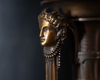 A wonderful and very high quality 19th. century French Greco-Egyptian St. ceremonial water vases in painted and gilt bronze. The complicated moulded Belgian black marble bases are supported with gilt lion claw feet to each corner. The body of the vases are decorated with Greek mythological figures in relief and are signed by the artist : Henry Cahieux (1810-1854)and forged and signed by : Ferdinand Barbedienne (1810-1892). Produced in France circa: 1850. All in good original condition.