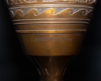 A wonderful and very high quality 19th. century French Greco-Egyptian St. ceremonial water vases in painted and gilt bronze. The complicated moulded Belgian black marble bases are supported with gilt lion claw feet to each corner. The body of the vases are decorated with Greek mythological figures in relief and are signed by the artist : Henry Cahieux (1810-1854)and forged and signed by : Ferdinand Barbedienne (1810-1892). Produced in France circa: 1850. All in good original condition.