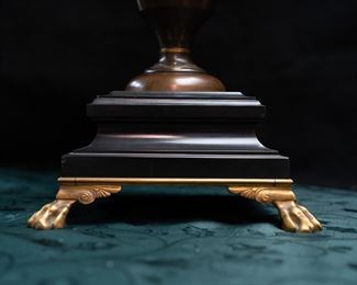 A wonderful and very high quality 19th. century French Greco-Egyptian St. ceremonial water vases in painted and gilt bronze. The complicated moulded Belgian black marble bases are supported with gilt lion claw feet to each corner. The body of the vases are decorated with Greek mythological figures in relief and are signed by the artist : Henry Cahieux (1810-1854)and forged and signed by : Ferdinand Barbedienne (1810-1892). Produced in France circa: 1850. All in good original condition.