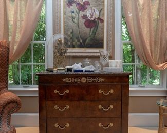 Unique collection of Henredon furniture with regal panel king-size bed, dresser, mirrors, nightstands, and bench all inspired by a design once owned by Charles X himself. Accented with marble, gold gilt, brass ormula, details and workmanship superb. Carefully selected solids white ash burl in a Cognac finish, hand polished to a rich luminous glaze. Offering King size bed, triple and single dresser, two nightside tables, foot bench, and mirror.

We will sell items separately or as a set. 