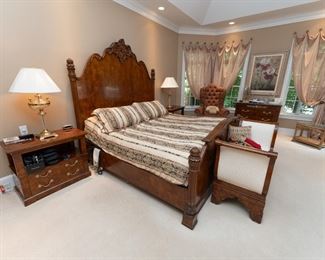 Unique collection of Henredon furniture with regal panel king-size bed, dresser, mirrors, nightstands, and bench all inspired by a design once owned by Charles X himself. Accented with marble, gold gilt, brass ormula, details and workmanship superb. Carefully selected solids white ash burl in a Cognac finish, hand polished to a rich luminous glaze. Offering King size bed, triple and single dresser, two nightside tables, foot bench, and mirror.
W 84 D 87 H 88
We will sell items separately or as a set. 