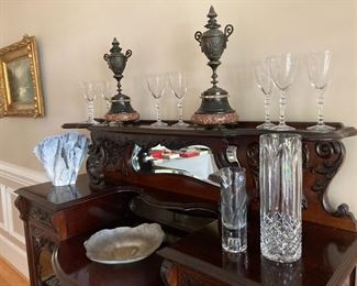 Mikasa crystal, Scottish antique buffet, bronze and marble  figurines