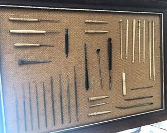 Antique embroidery hooks, needle case, more