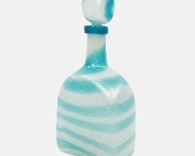 Italian MCM Opaque Blue & White Striped Glass Bottle Decanter w/Stopper