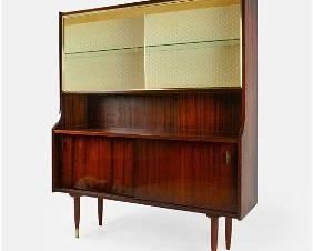 1950s MCM Satin-Wood Step-Back China Hutch Cabinet with Sliding Glass Doors